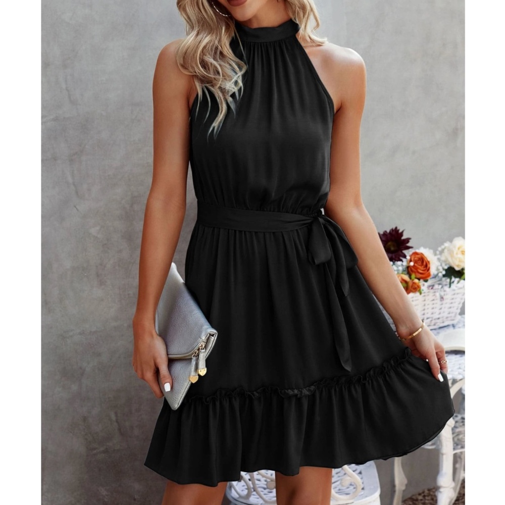 Black Halter Top Mini Dress Tie Belted Ruffle Hem Sleeveless